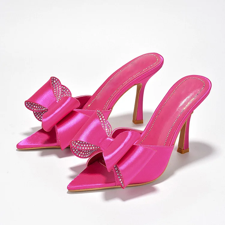 Women'S Pointed Toe Bow Heel Elegant Stiletto Sandals Party Rhinestones Mules |FSJ Shoes