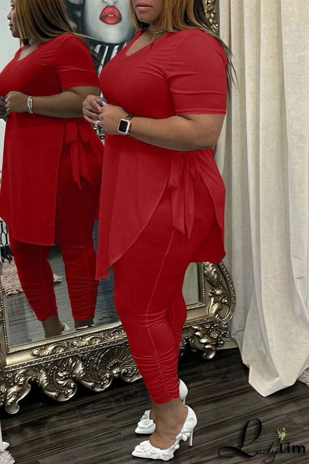 Black Fashion Casual Solid Bandage Slit Asymmetrical O Neck Plus Size Two Pieces