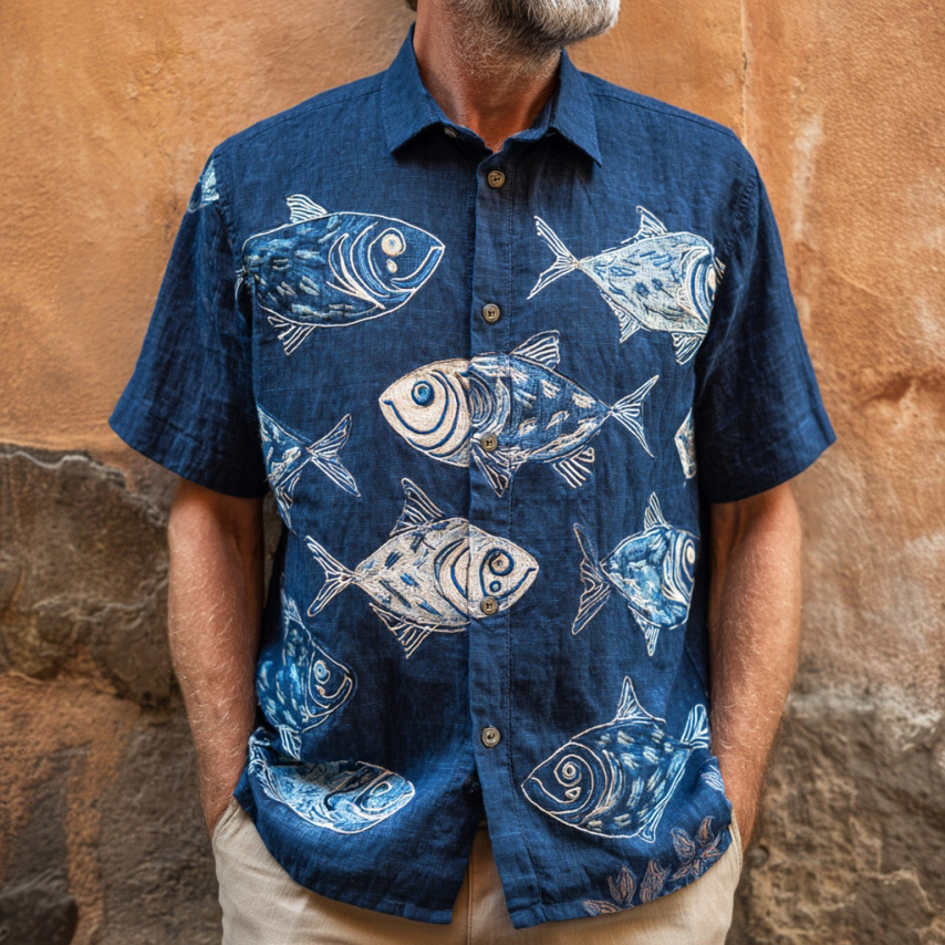 Men's Japanese-style Art Fish Print Short-sleeved Shirt  artssus