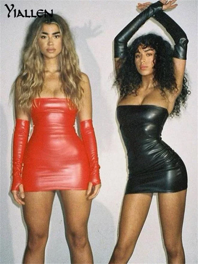 Yiallen Fashion Sexy Short PU Slim Body Wrapped Chest Hip High Waist Sleeveless Dress Female High Street Party Bar Solid Color