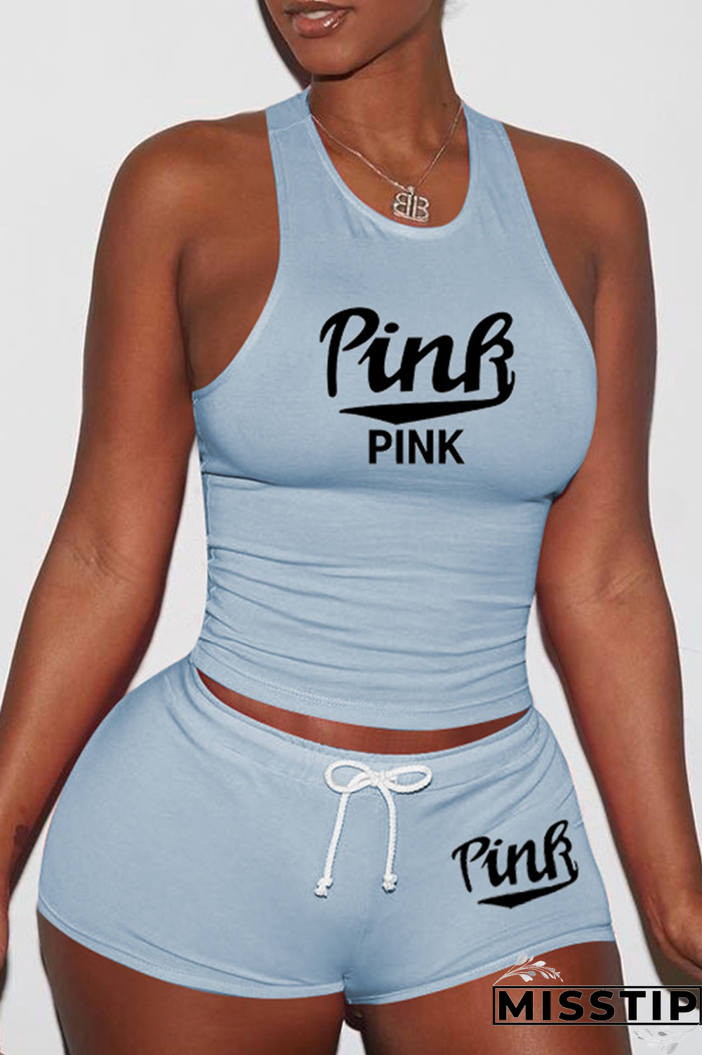 Pink Sexy Print Patchwork U Neck Sleeveless Two Pieces