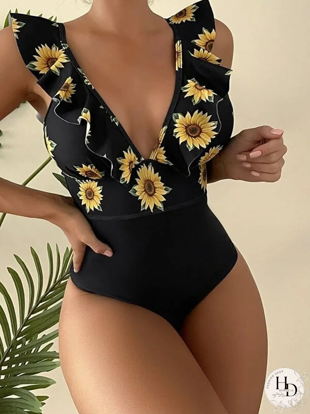 Floral Print Deep V-Neck Fly Sleeve One Piece Swimsuit