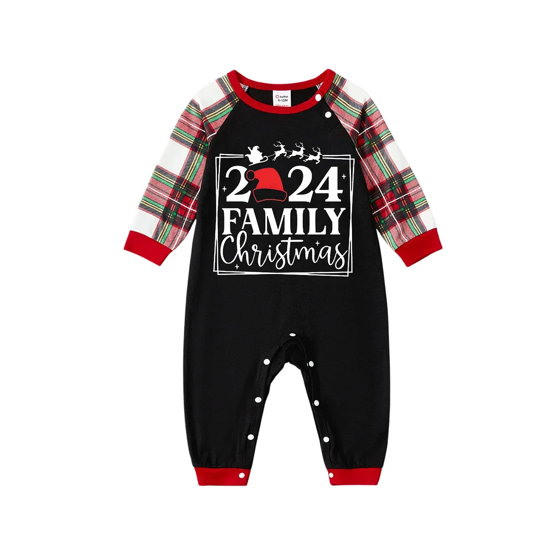 "Family Christmas 2024" Text and Reindeer Printed Red and White Plaid Family Matching Pajamas