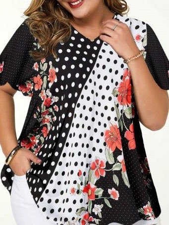 Plus Size V Neck Polka Dots Chiffon Short Sleeve Shirts & Tops Zaesvini