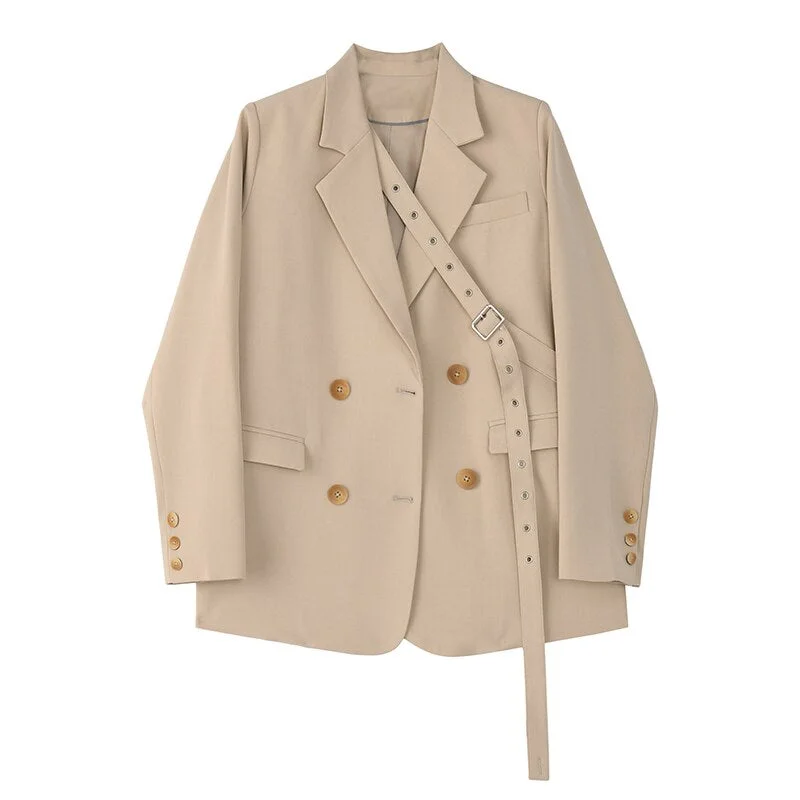 FTLZZ Spring New Arrival Office Ladies Vintage Solid Blue Khaki Blazer Women Elegant Double Breasted Loose Fashion Suit Jackets