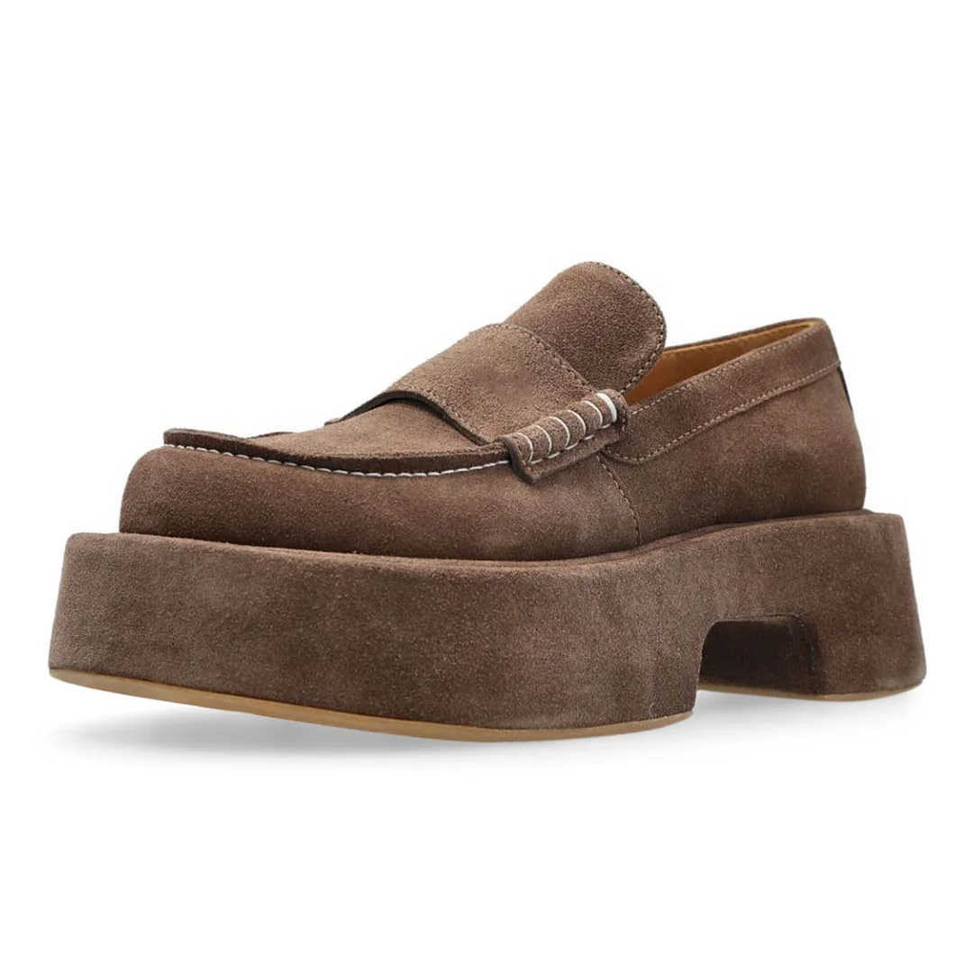 Comfortable Vegan Suede Round Toe Shoes Platform Loafers in Brown