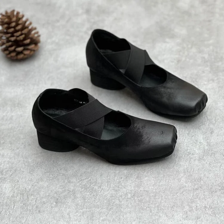 Women Retro Leather Chunky Heel Casual Shoes