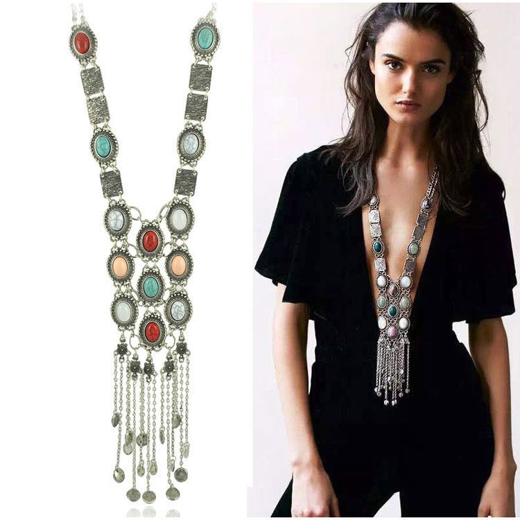 Women's Vintage Colored Jewels Fringes Long Necklace