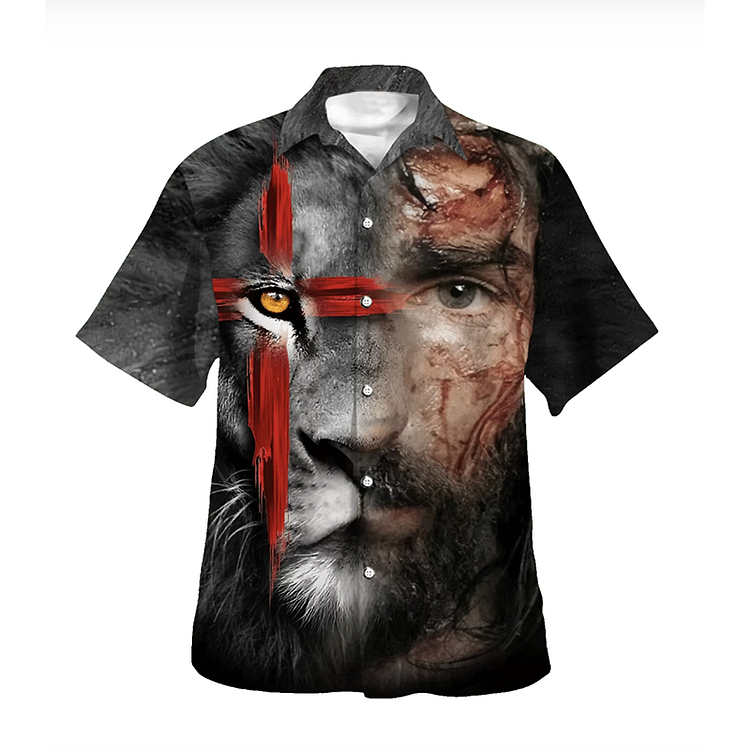 BrosWear Personalized Lion Face Christian Pattern Short Sleeve Shirt
