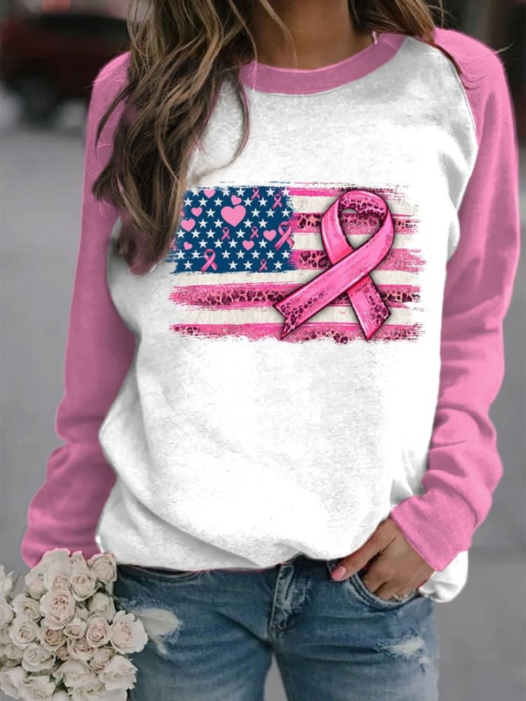 Pink Ribbon Print Casual Contrast Sweatshirt