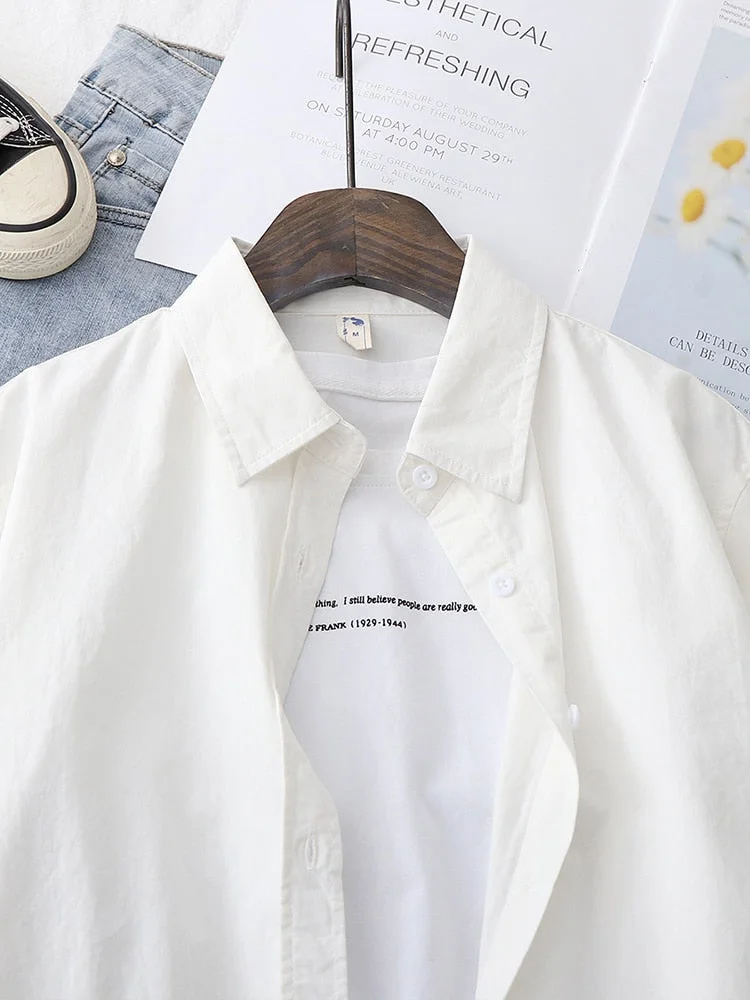 Tlbang Women Solid Cotton White Shirt Vintage Turn-Down Collar Full Sleeve Loose Blouse Elegant Office Wear Casual Basic Tops T261