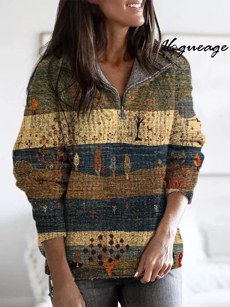 Retro Warm Color Plant Small Tree Zippered Long-Sleeved Sweater