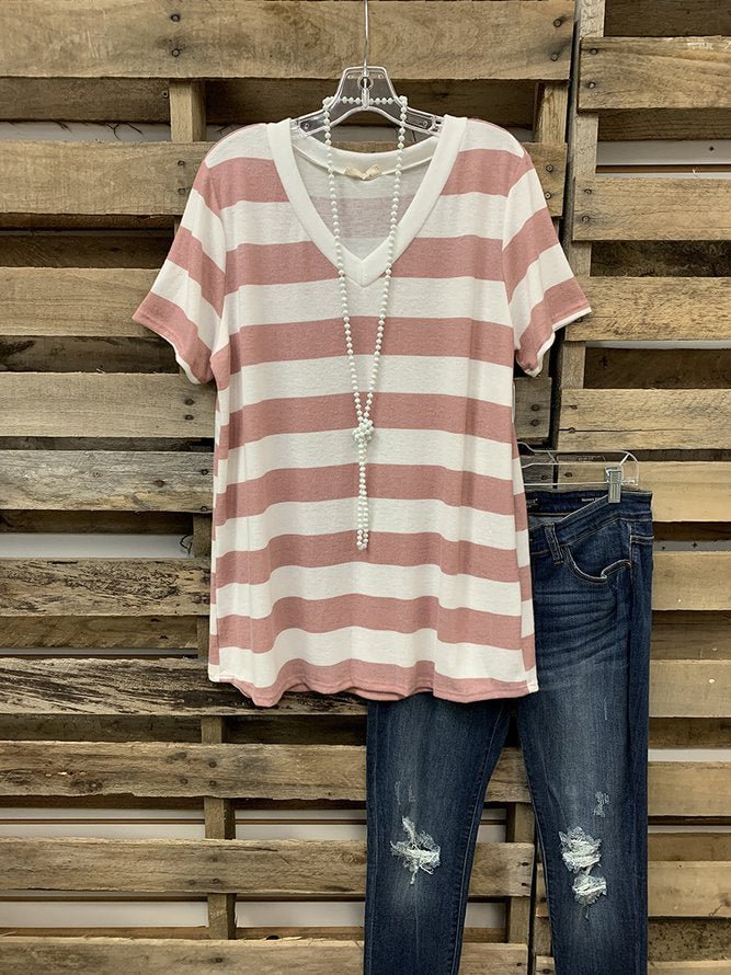 Stripes V neck Short Sleeve Shift Casual Pink-White Tee Top