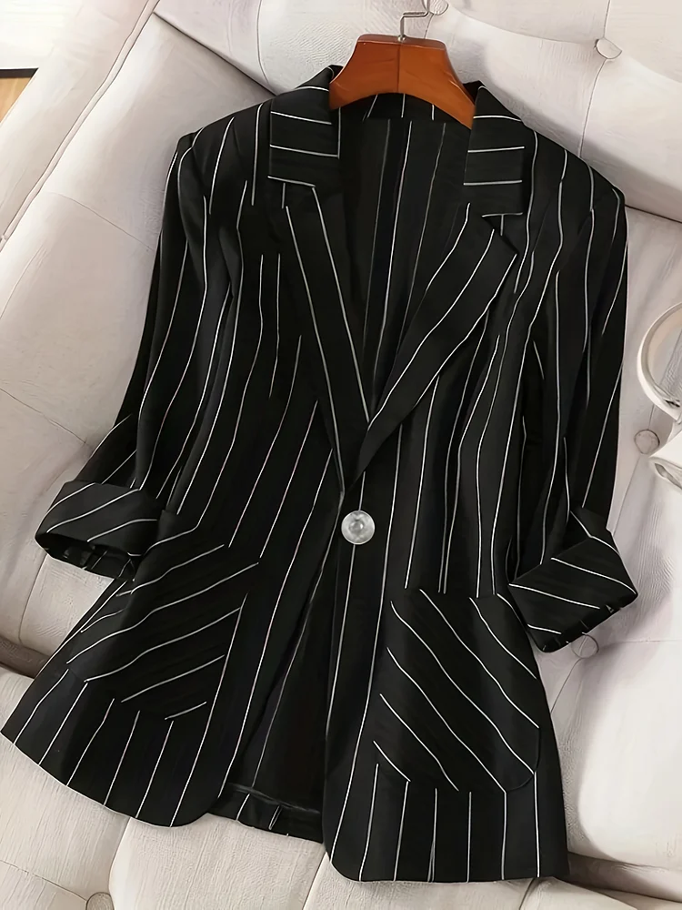 Women's Lightweight 3/4 Sleeve Single-Breasted Casual Blazer Jacket - Solid Black With White Piping, Machine Washable Spring/Summer Elegant Office & Casual Outerwear, Sophisticated Style, Nontransparent Fabric, Spring Outerwear, Classic Design