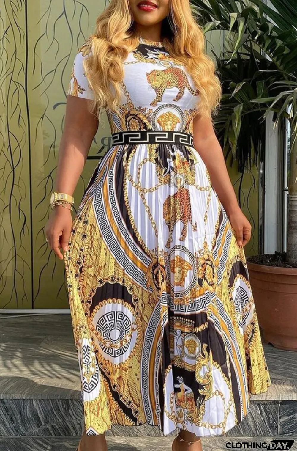 Summer Print Retro Short Sleeves Pleated Long Dress