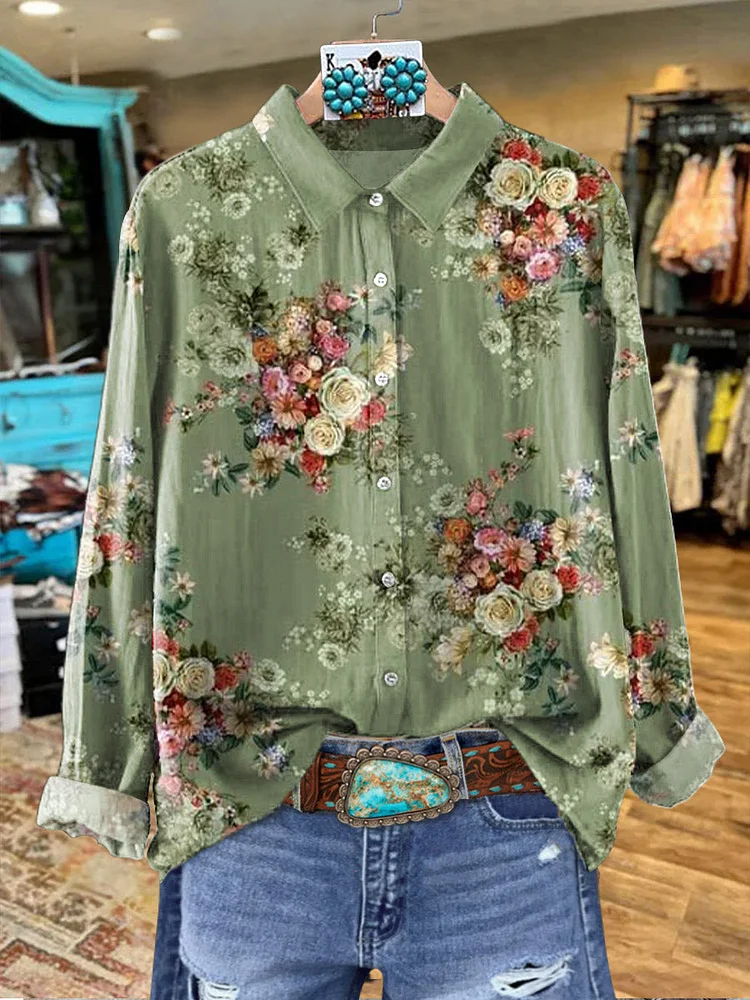Vintage Flowers Art Graffiti Women's Print Casual Cotton Shirt