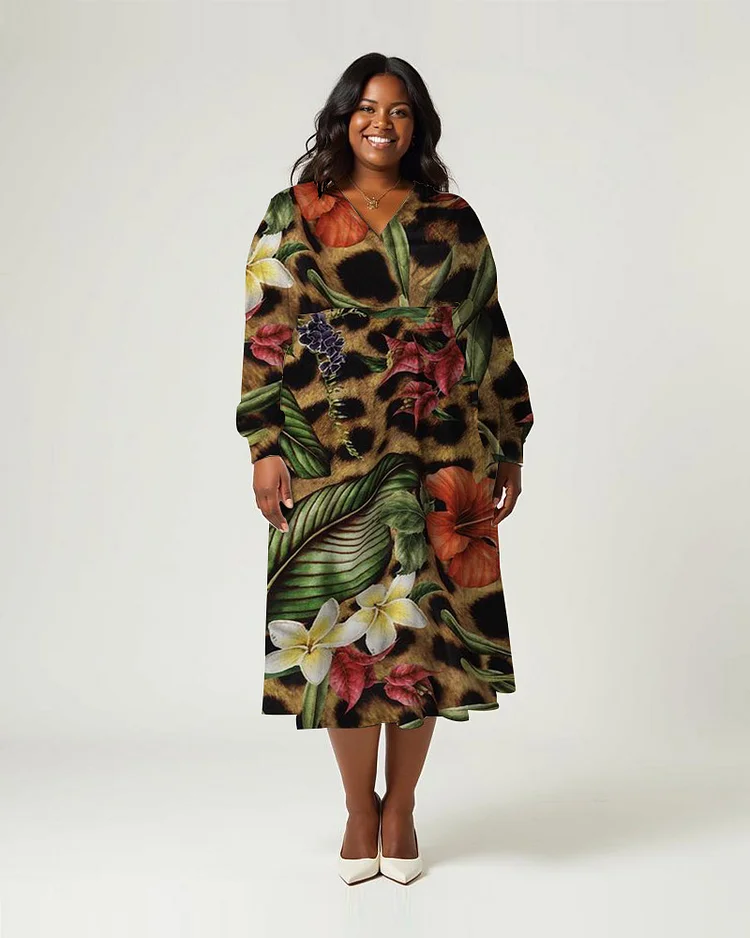 Plus Size Women's Fashionable Leopard Plant Print Long Sleeve V Neck Dress