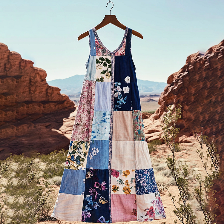 Women's Bohemian Floral Patchwork Art Vintage Linen Tank Dress