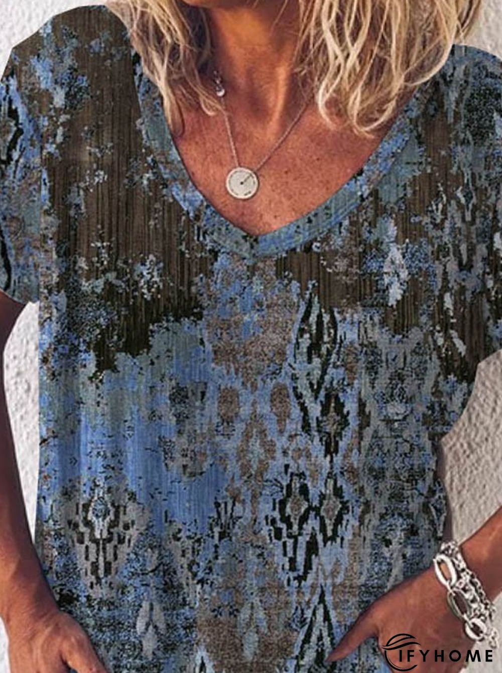 Paisley Short Sleeve Printed  Cotton-blend  V neck Boho Summer Blue Top | IFYHOME