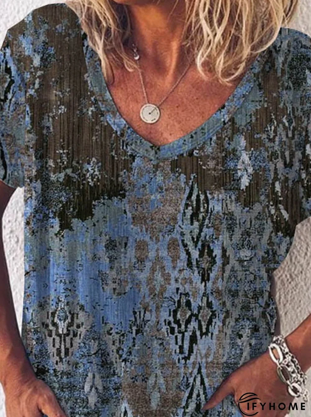 Paisley Short Sleeve Printed  Cotton-blend  V neck Boho Summer Blue Top | IFYHOME