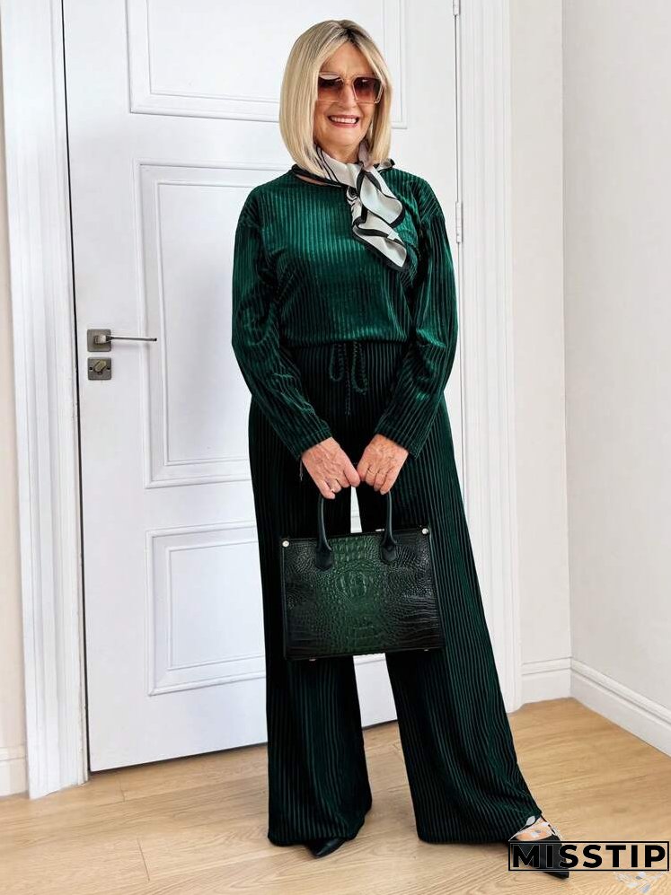 1set Women Velvet Stripe Top & Loose Pants, Olive Green, Suitable For Christmas, Autumn/Winter