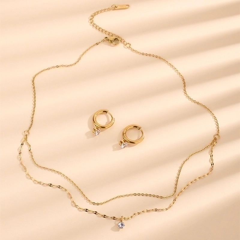 Elegant Solid Color Titanium Steel Zircon 18K Gold Plated Inlay Earrings Necklace