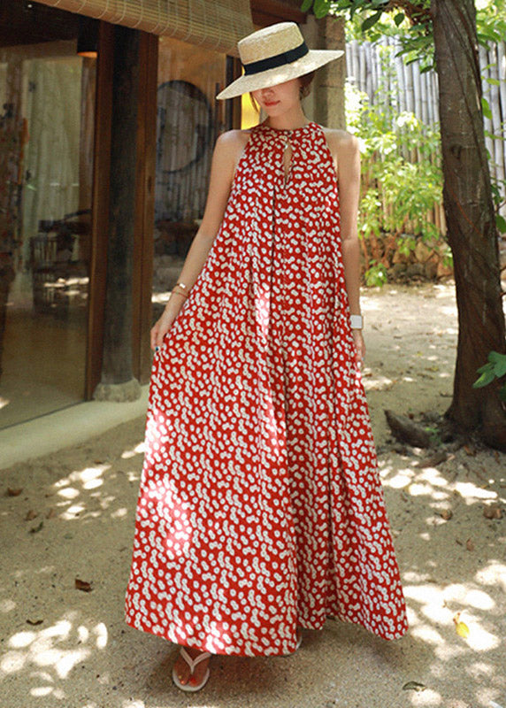 VCSHOES Red Colour O-Neck Print Pockets Chiffon Jumpsuits Pants Summer