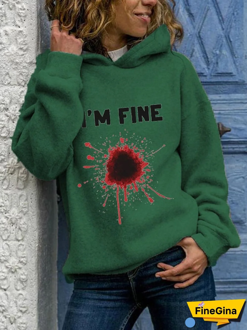 Women's Halloween Funny I'M FINE Bloodstained Print Hoodie