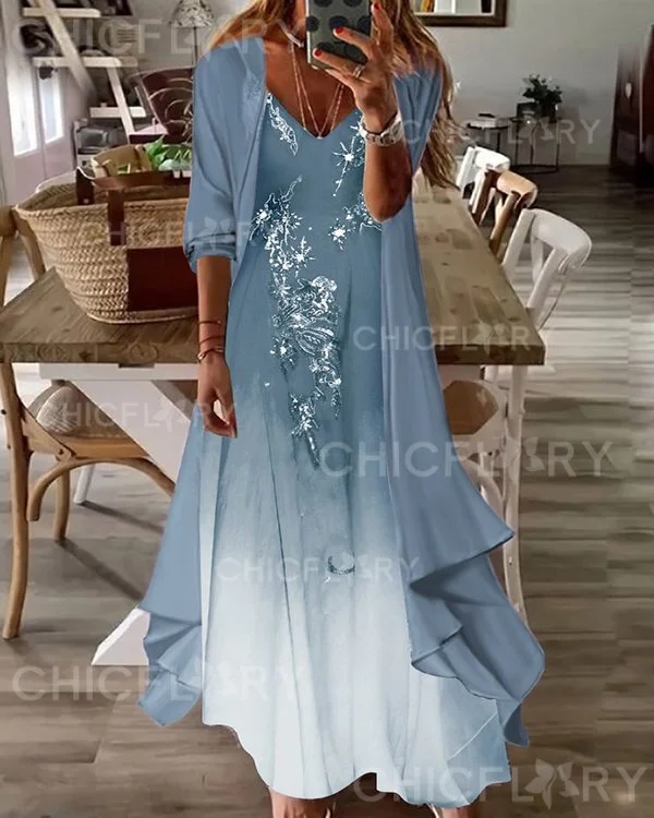 Fake Two Piece Half Sleeve Print Casual Retro Sexy Dress