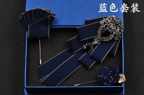 High-quality Fashion Handmade Red Diamond Bow Tie Wedding Collar Bowtie Brooch Pocket Towel Square Set Gifts for Men Accessories