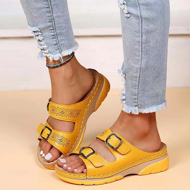 2024 Plus Size Bohemian Cut-out Buckle Leather Wedge Sandals  Stunahome.com