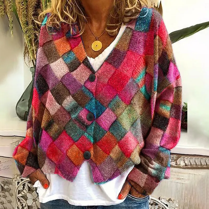 Vintage Geometric Print V-Neck Casual Knitted Cardigan