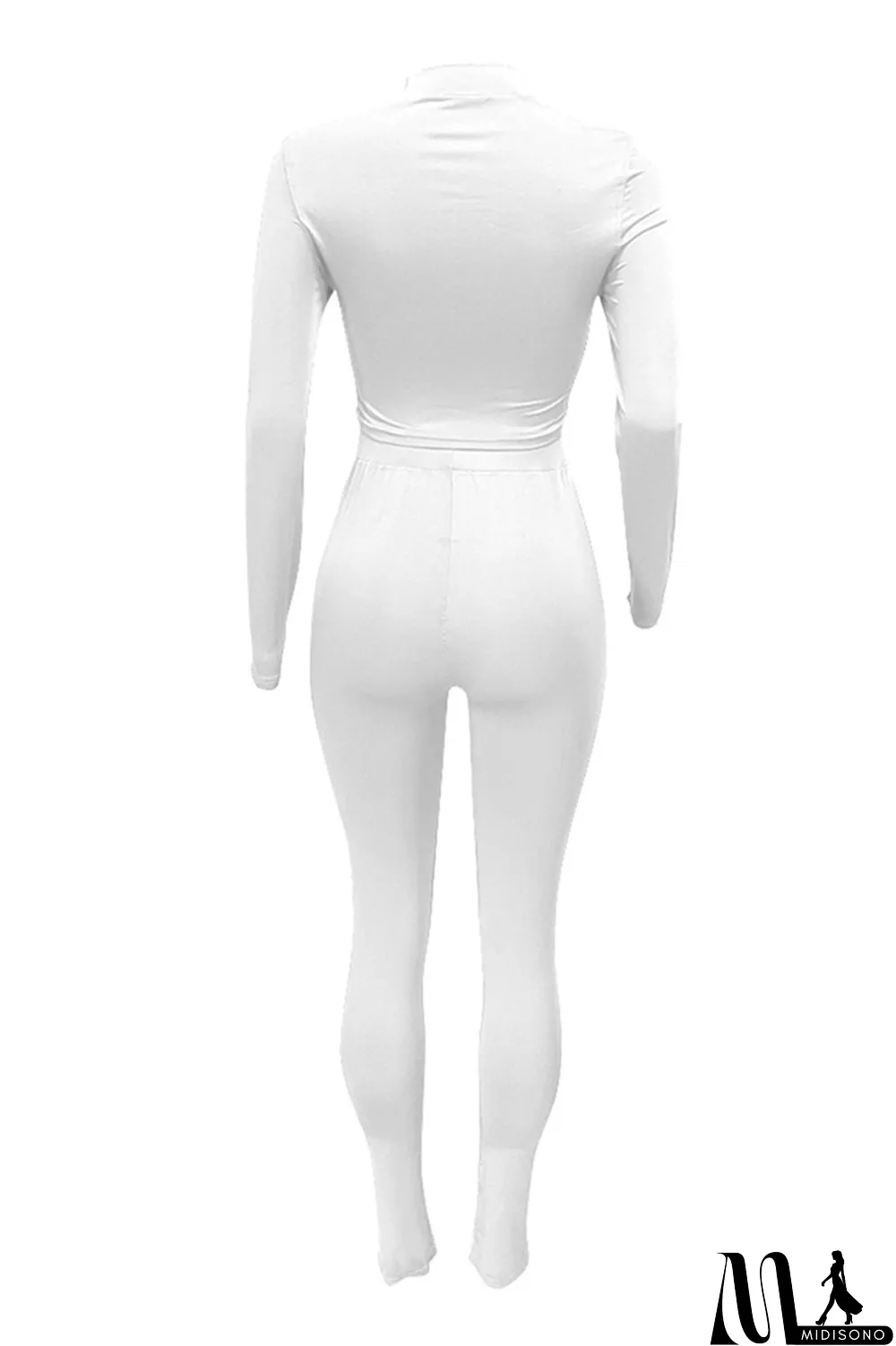 MidiSono - White Sexy Casual Solid Bandage Turtleneck Long Sleeve Two Pieces