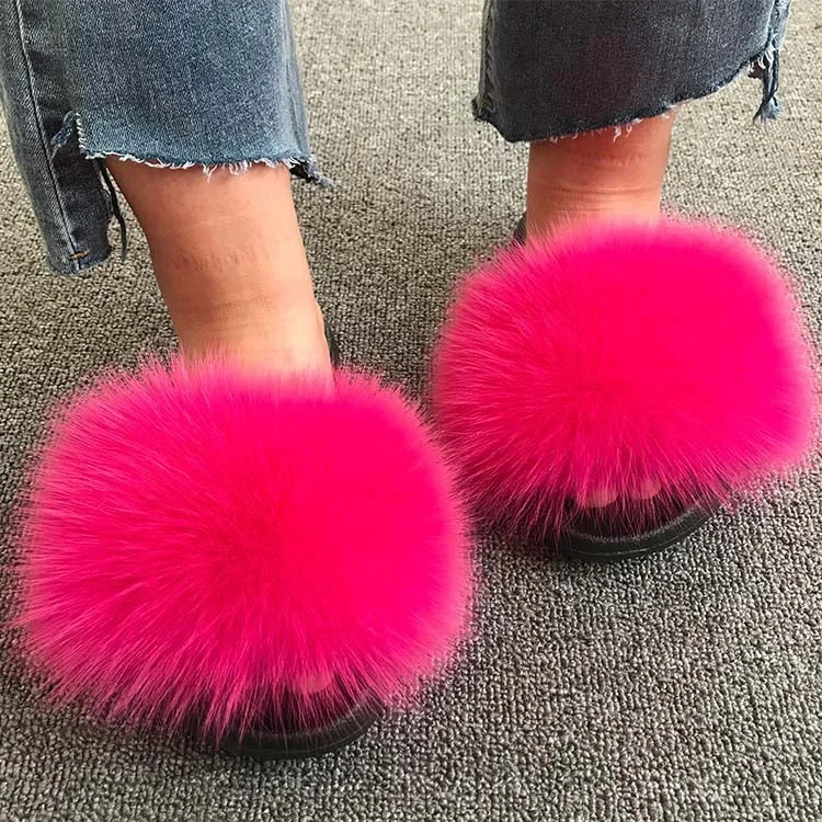 Hot Summer Women Fox Fur Slippers Real Fur Slides Female Indoor Flip Flops Casual Raccon Fur Sandals Furry Fluffy Plush Shoes