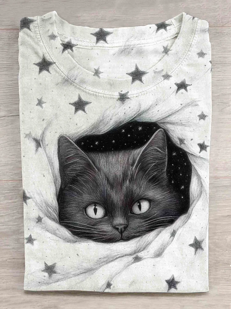 Vintage Cut Cat Print Casual T-shirt