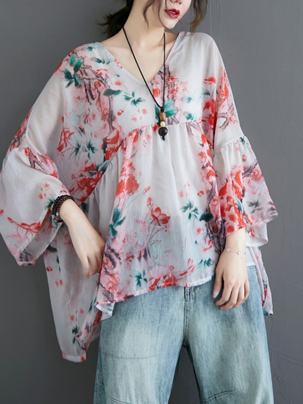Floral Print V Neck Loose Blouses
