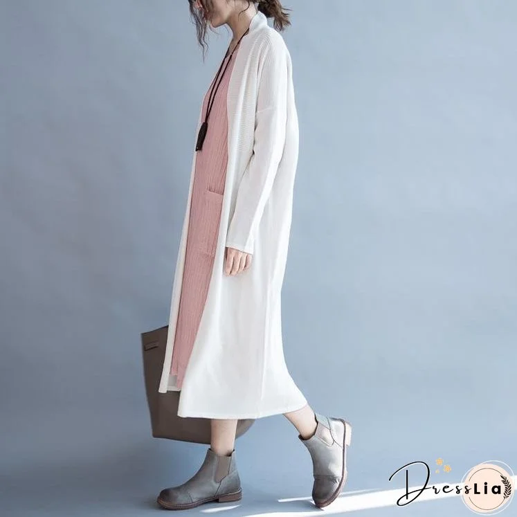 White woolen knit cardigan long knitted coat outwear