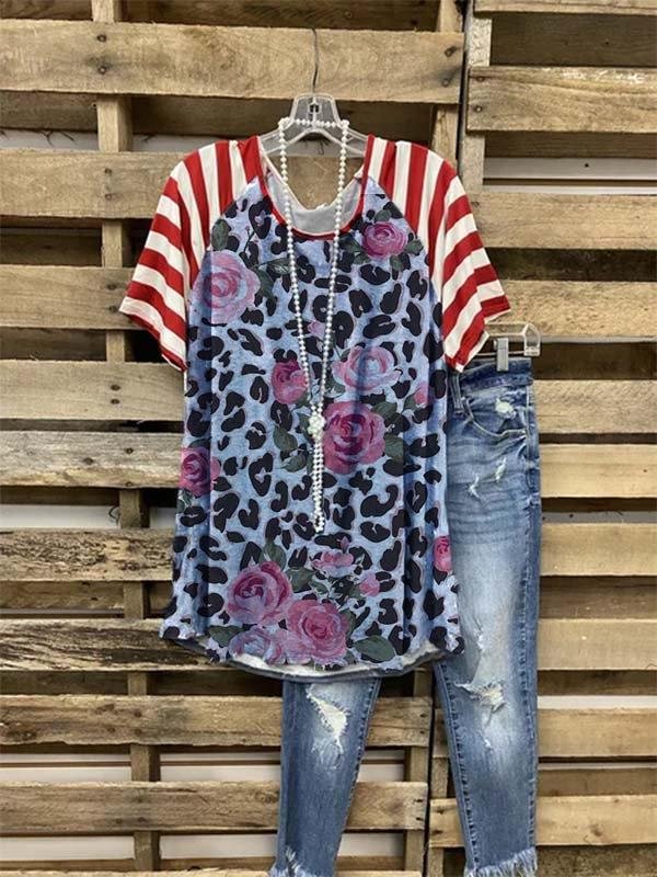 Cotton-Blend Floral-Print Short Sleeve Casual Shirts & Tops