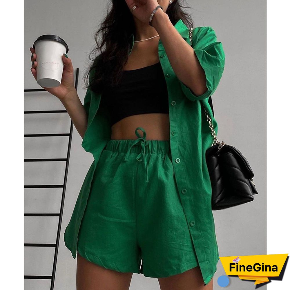 Summer Casual Tracksuit Women's Shorts Suits Green Streetwear Short Sleeve Shirt Tops Loose Drawstring Mini Shorts Two Piece Set