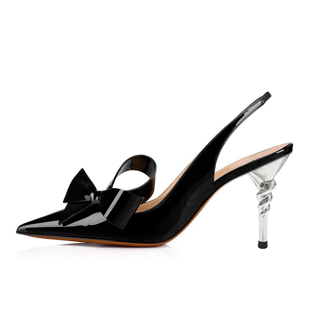 Patent Leather Pointed Toe Bow Decor Slingback Black Pumps