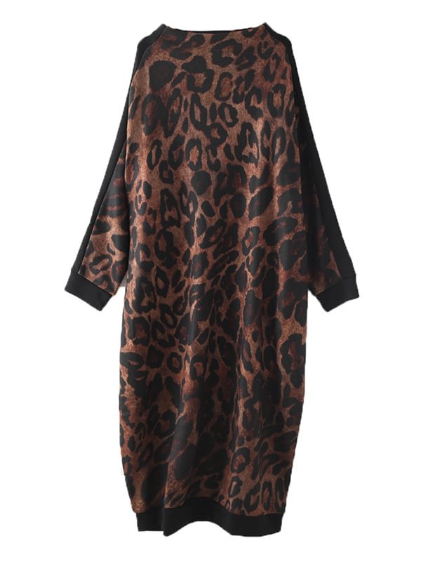 Vintage Leopard Print Knitted Loose High-Neck Dress