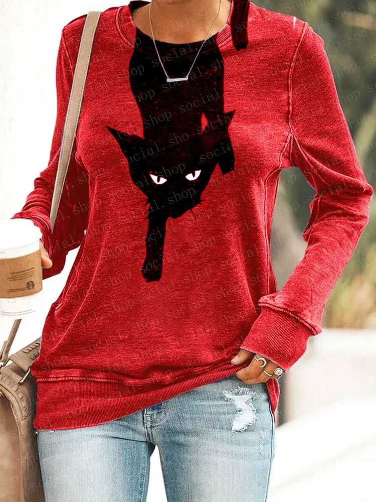 Women's Black Vigilant Cat Crew Neck Casual Long Sleeve Top socialshop