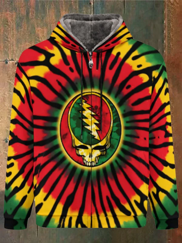 Unisex Skull Print Double Layer Fleece Zip-Up Hooded Jacket