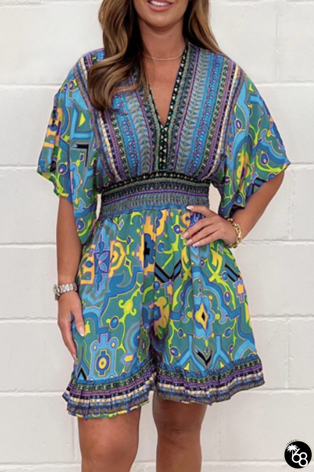 Blue Casual Print Patchwork V Neck Regular Romper | 168DEAL