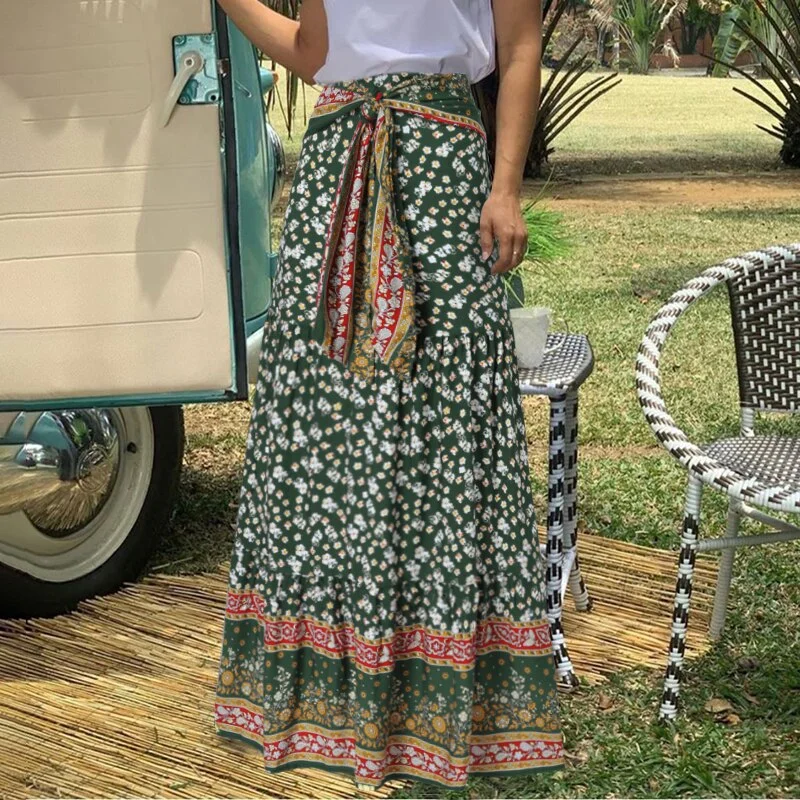 Women Bohemian Floral Printed Long Skirts Celmia 2022 Fashion Bandage High Waist Maxi Jupes Summer Holiday Stitched Hem Falda
