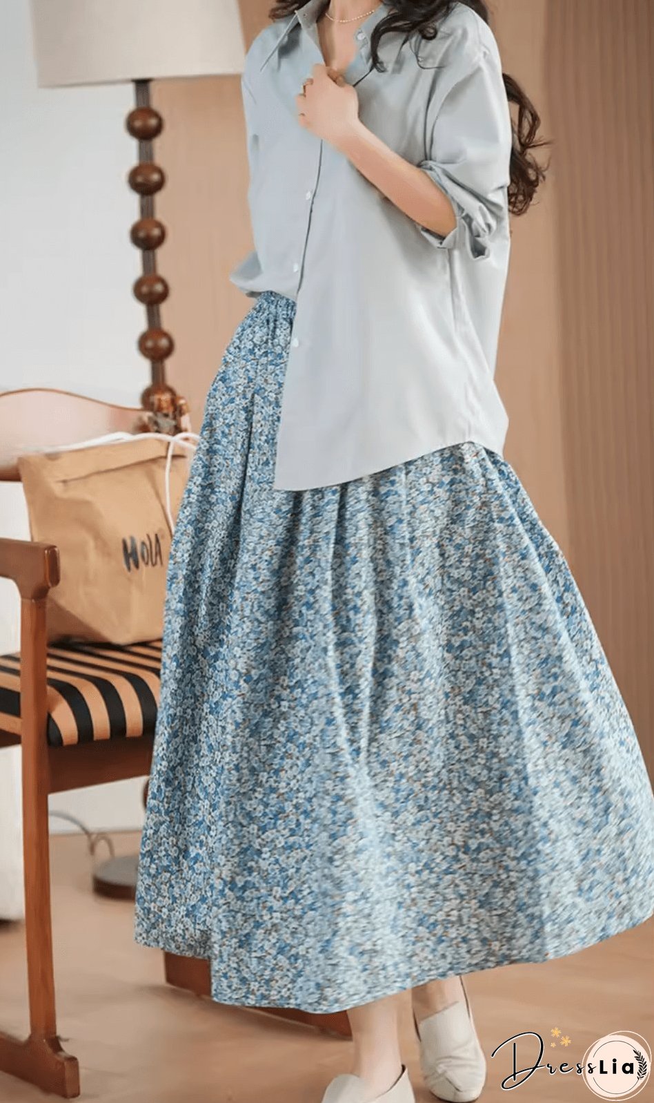 Gold Flower Printed Summer Linen Skirt