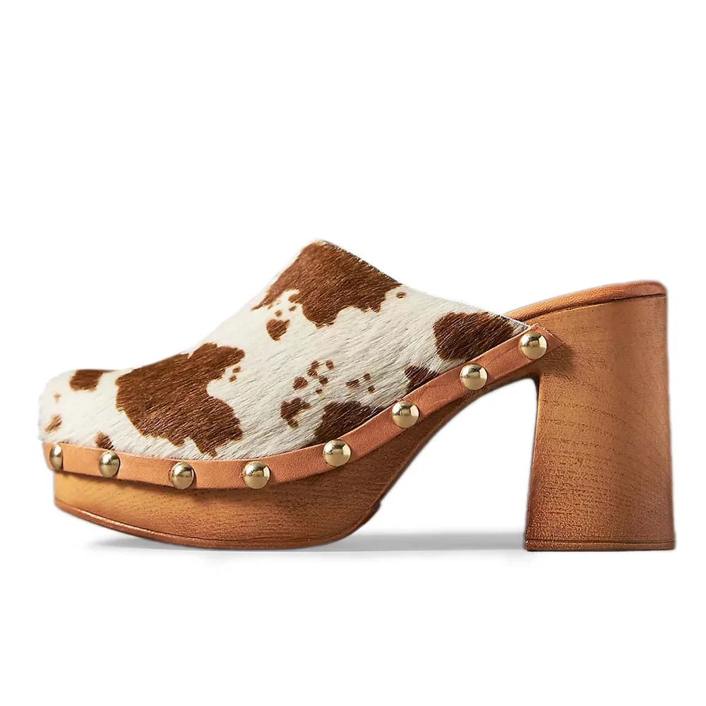 White & Brown Faux Fur Studded Platform Round Toe Heeled Clogs