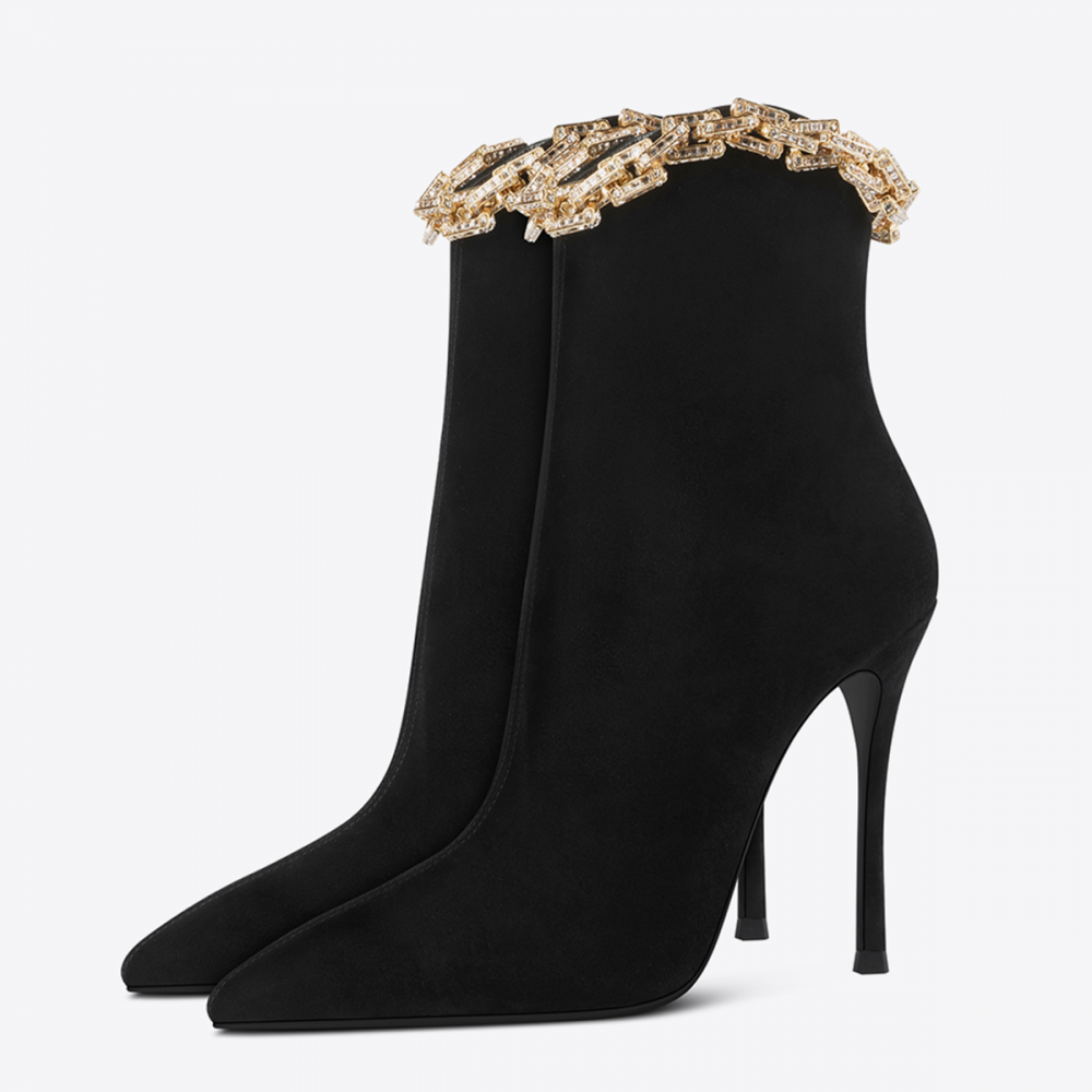 Black Leather Ankle Boots Chain Decor Pointy Toe High Heel Boots Nicepairs
