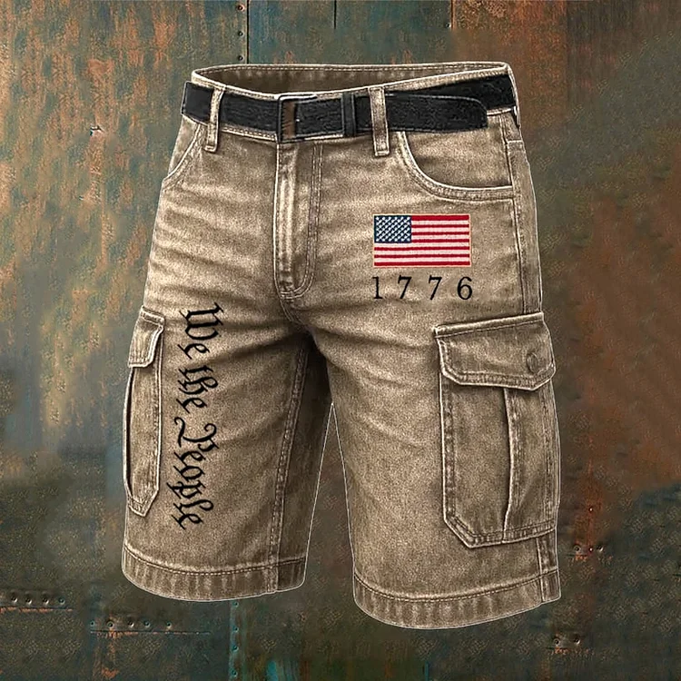 Men's Vintage Flag Independence Day Multi-pocket Print Cargo Shorts