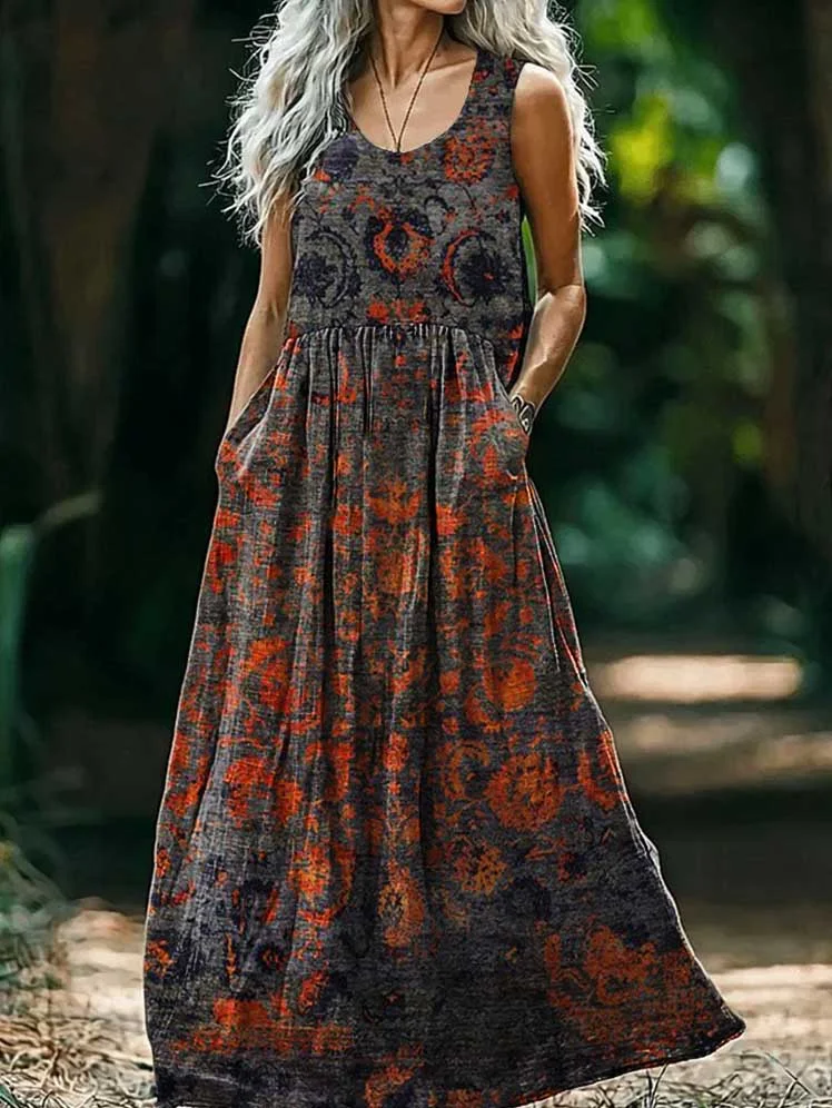 Women's Retro Ethnic Totem Print Crew Neck Sleeveless Cotton Pocket Dress